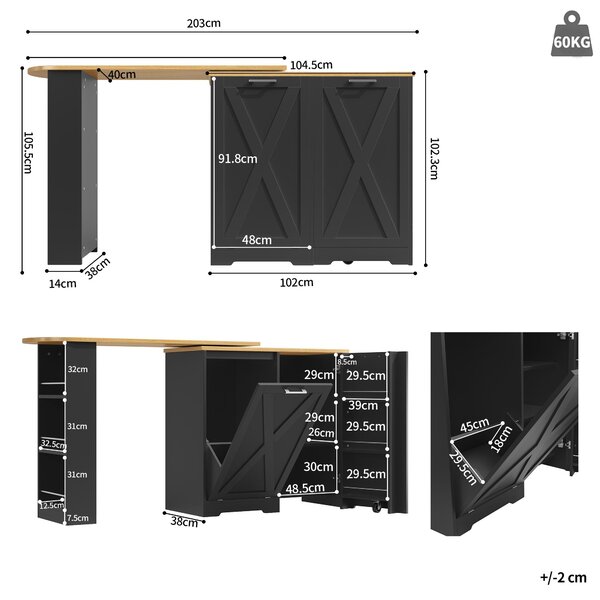 360° Rotating Kitchen Island with Folding 3D Textured Doors and Side Shelves, Swivel Sideboard for Kitchen, 138L x 38W x 105.5H cm, Black Aosom UK