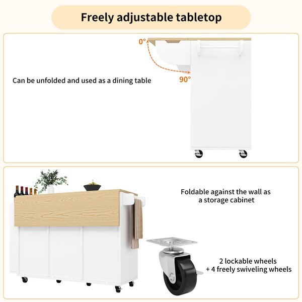 Kitchen Island Trolley with Fold-Out Worktop, Aluminium Handles, 2 Lockable Castors, Rolling Serving Cart, 10L x 42W x 90H cm, White Aosom UK