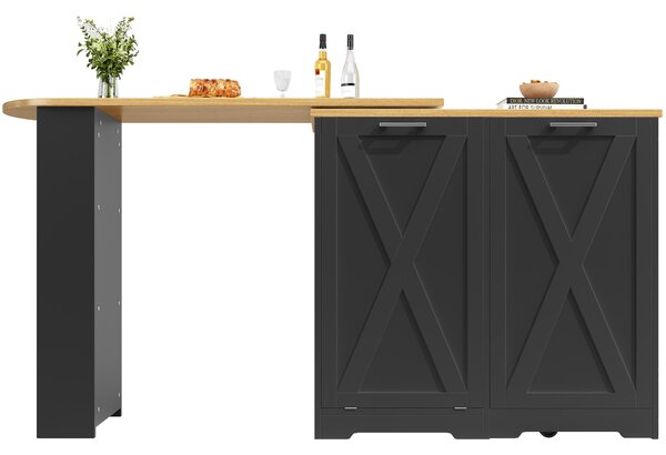 360° Rotating Kitchen Island with Folding 3D Textured Doors and Side Shelves, Swivel Sideboard for Kitchen, 138L x 38W x 105.5H cm, Black Aosom UK