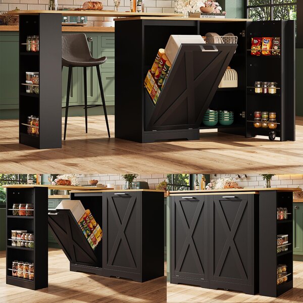 360° Rotating Kitchen Island with Folding 3D Textured Doors and Side Shelves, Swivel Sideboard for Kitchen, 138L x 38W x 105.5H cm, Black Aosom UK