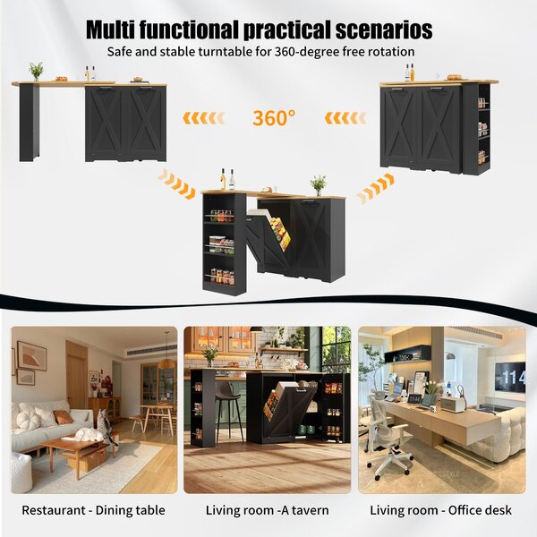 360° Rotating Kitchen Island with Folding 3D Textured Doors and Side Shelves, Swivel Sideboard for Kitchen, 138L x 38W x 105.5H cm, Black Aosom UK