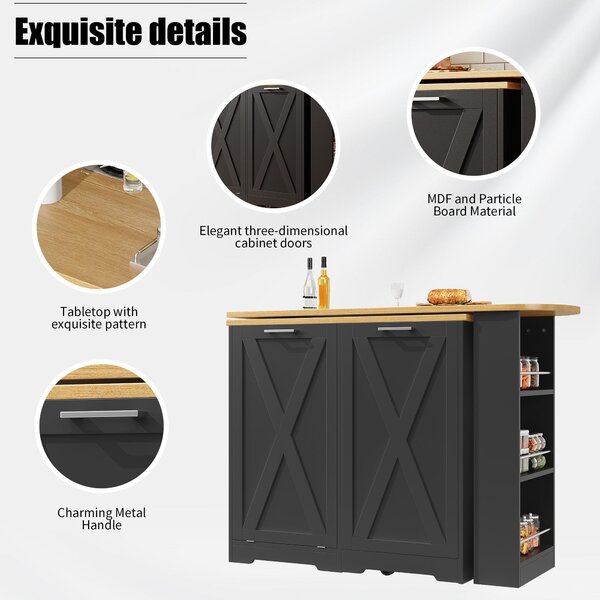 360° Rotating Kitchen Island with Folding 3D Textured Doors and Side Shelves, Swivel Sideboard for Kitchen, 138L x 38W x 105.5H cm, Black Aosom UK
