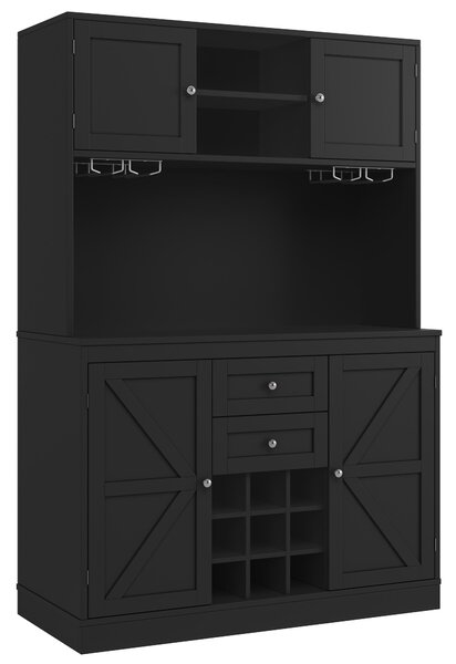Tall Kitchen Cabinet with 4 Doors & 2 Smooth-Glide Drawers and Adjustable Shelves, Sideboard with Wine Racks, 120L x 40W x 188H cm, Black Aosom UK