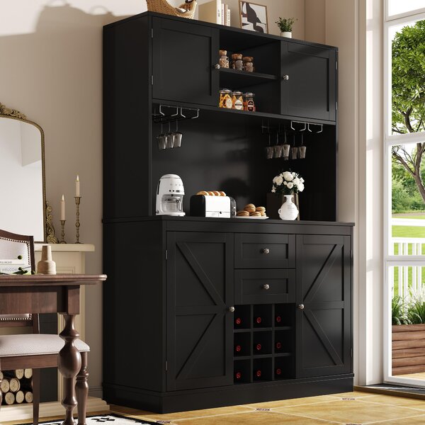Tall Kitchen Cabinet with 4 Doors & 2 Smooth-Glide Drawers and Adjustable Shelves, Sideboard with Wine Racks, 120L x 40W x 188H cm, Black Aosom UK