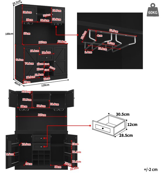 Tall Kitchen Cabinet with 4 Doors & 2 Smooth-Glide Drawers and Adjustable Shelves, Sideboard with Wine Racks, 120L x 40W x 188H cm, Black Aosom UK
