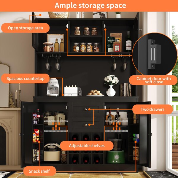 Tall Kitchen Cabinet with 4 Doors & 2 Smooth-Glide Drawers and Adjustable Shelves, Sideboard with Wine Racks, 120L x 40W x 188H cm, Black Aosom UK