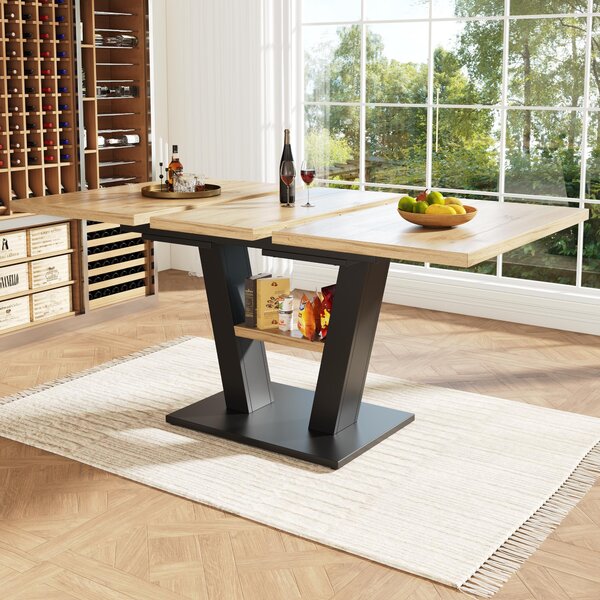 Extendable Dining Table, Marble-Effect MDF Top, V-Shaped Metal Legs, Space-Saving Desk/Table for 6-8, 118x70x75 cm, Black/Natural Aosom UK