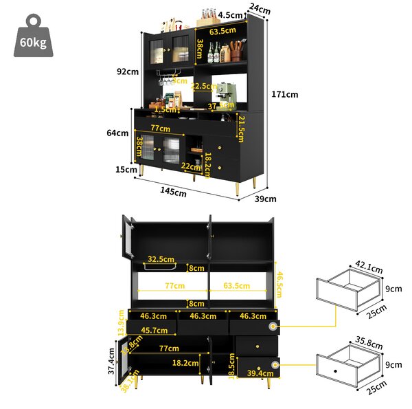 Tall Sideboard Storage Cabinet with Changhong Glass Door & Built-In Wine Rack, Pantry Unit for Living Room, 145x39x171 cm, Black Aosom UK