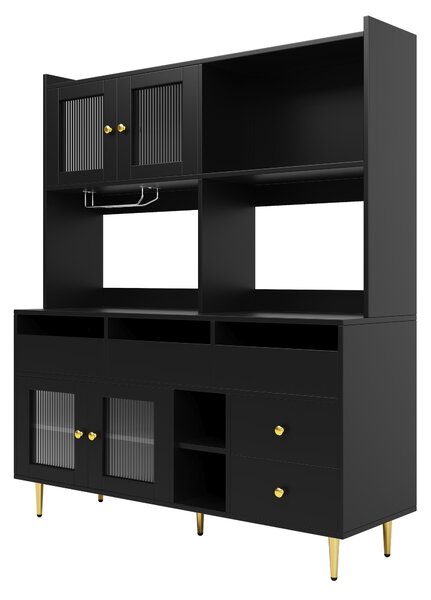 Tall Sideboard Storage Cabinet with Changhong Glass Door & Built-In Wine Rack, Pantry Unit for Living Room, 145x39x171 cm, Black Aosom UK