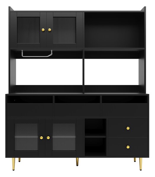 Tall Sideboard Storage Cabinet with Changhong Glass Door & Built-In Wine Rack, Pantry Unit for Living Room, 145x39x171 cm, Black Aosom UK