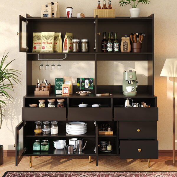 Tall Sideboard Storage Cabinet with Changhong Glass Door & Built-In Wine Rack, Pantry Unit for Living Room, 145x39x171 cm, Black Aosom UK