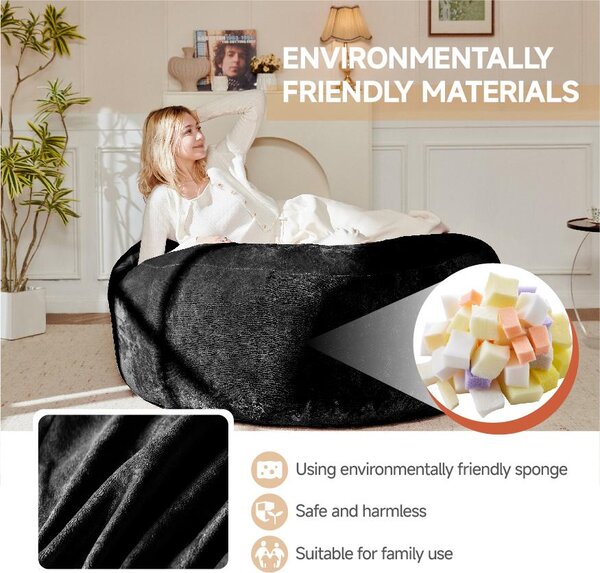4-Foot Medium Bean Bag Sofa Chair with Eco‑Friendly Bead Filling, Washable Cover, Reading Lounger for Adults, 100L x 100W x 50H cm, Black Aosom UK