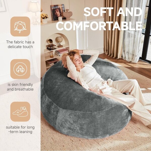 5-Foot Bean Bag Sofa Chair with Eco-Friendly Bead Filling, Reading Lounger Perfect for Pressure-Relieving, 120L x 120W x 60H cm, Dark Gray Aosom UK