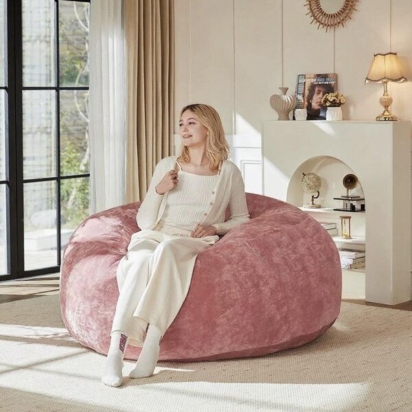 4-Foot Medium Bean Bag Sofa Chair with Eco‑Friendly Bead Filling, Reading Lounger for Adults and Guests, 100L x 100W x 50H cm, Pink Aosom UK