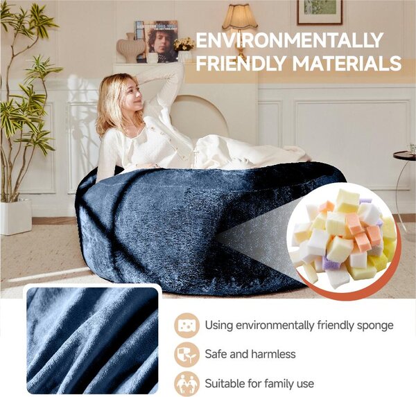 Large Bean Bag Sofa Chair with Space-Saving Design, Eco-Friendly Bead Filling, Temporary Guest Bed for Adults, 150L x 150W x 60H cm, Blue Aosom UK