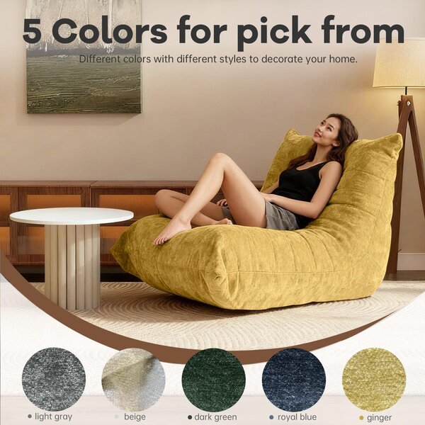 Chenille Bean Bag Lazy Sofa with High-Rebound Sponge, Ergonomic Soft Chair for Family, Children and Pets, 110L x 90W x 67H cm, Yellow Aosom UK