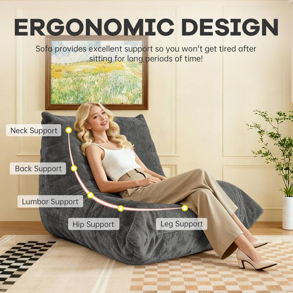 Modern Bean Bag Lazy Sofa with Stylish Chenille Finish, Ergonomic Bean Bag Chair for Compact Spaces, 110L x 90W x 67H cm, Dark Gray Aosom UK