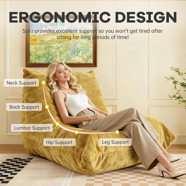 Chenille Bean Bag Lazy Sofa with High-Rebound Sponge, Ergonomic Soft Chair for Family, Children and Pets, 110L x 90W x 67H cm, Yellow Aosom UK