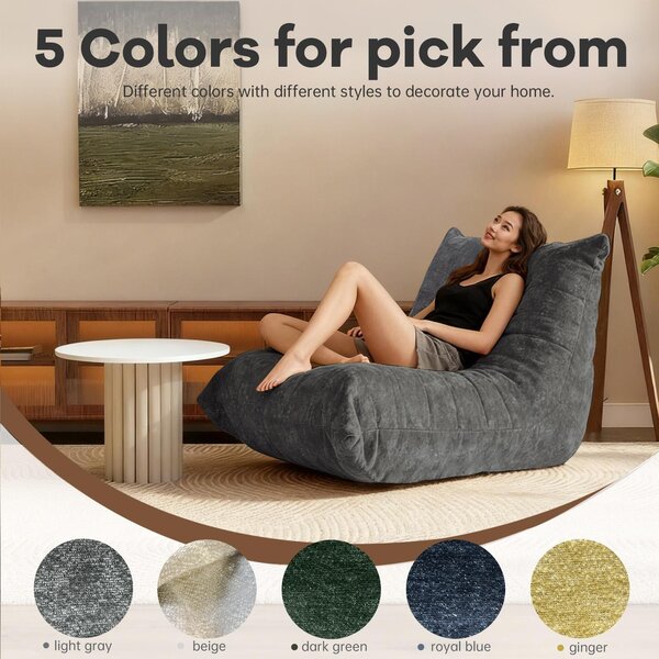 Modern Bean Bag Lazy Sofa with Stylish Chenille Finish, Ergonomic Bean Bag Chair for Compact Spaces, 110L x 90W x 67H cm, Dark Gray Aosom UK