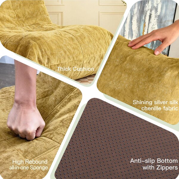 Chenille Bean Bag Lazy Sofa with High-Rebound Sponge, Ergonomic Soft Chair for Family, Children and Pets, 110L x 90W x 67H cm, Yellow Aosom UK