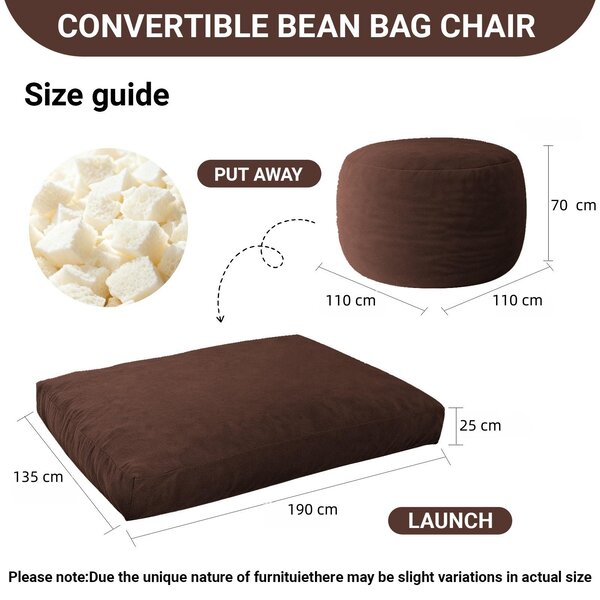 2-In-1 Convertible Bean Bag Chair Bed with Removable Machine-Washable Cover, Giant sofa with Soft Liner, 110L x 110W x 70H cm, Brown Aosom UK