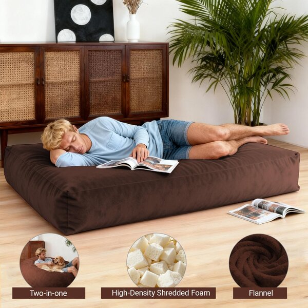 2-In-1 Convertible Bean Bag Chair Bed with Removable Machine-Washable Cover, Giant sofa with Soft Liner, 110L x 110W x 70H cm, Brown Aosom UK