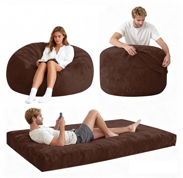 2-In-1 Convertible Bean Bag Chair Bed with Removable Machine-Washable Cover, Giant sofa with Soft Liner, 110L x 110W x 70H cm, Brown Aosom UK