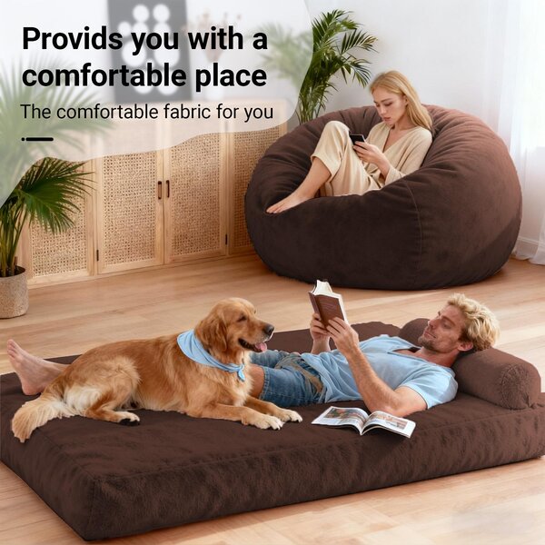 2-In-1 Convertible Bean Bag Chair Bed with Removable Machine-Washable Cover, Giant sofa with Soft Liner, 110L x 110W x 70H cm, Brown Aosom UK
