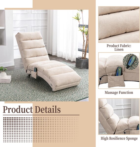 Modern Chaise Longue with Side Storage Pocket and Fixed 140° Backrest, Linen Deck Chair for Living Room, 148L x 55W x 87H cm, Beige Aosom UK