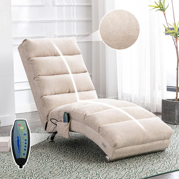 Modern Chaise Longue with Side Storage Pocket and Fixed 140° Backrest, Linen Deck Chair for Living Room, 148L x 55W x 87H cm, Beige Aosom UK
