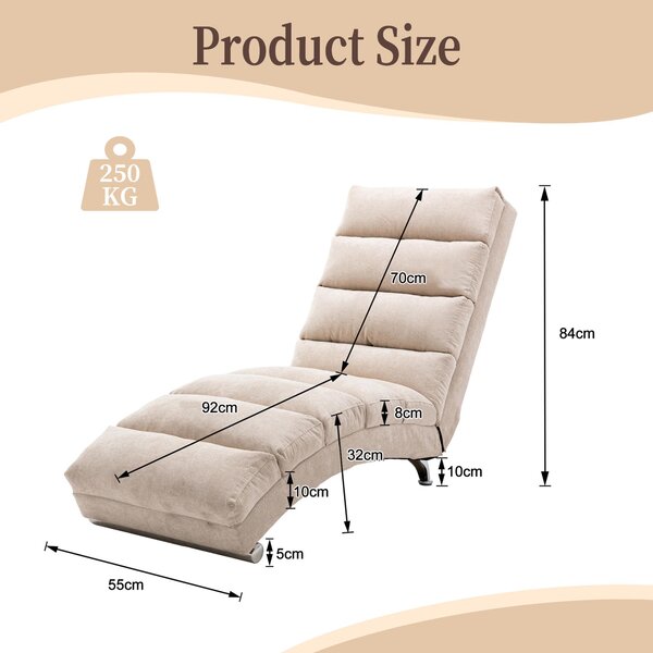 Modern Chaise Longue with Side Storage Pocket and Fixed 140° Backrest, Linen Deck Chair for Living Room, 148L x 55W x 87H cm, Beige Aosom UK
