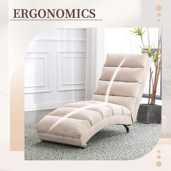 Modern Chaise Longue with Side Storage Pocket and Fixed 140° Backrest, Linen Deck Chair for Living Room, 148L x 55W x 87H cm, Beige Aosom UK