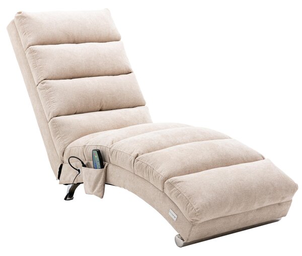 Modern Chaise Longue with Side Storage Pocket and Fixed 140° Backrest, Linen Deck Chair for Living Room, 148L x 55W x 87H cm, Beige Aosom UK