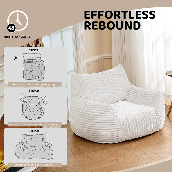 Ultra-Soft Fur Bean Bag Chair with High-Density Shredded Foam, Ergonomic Sofa with Skin-Friendly Lint-Free Fur, 117L x 98W x 75H cm, White Aosom UK