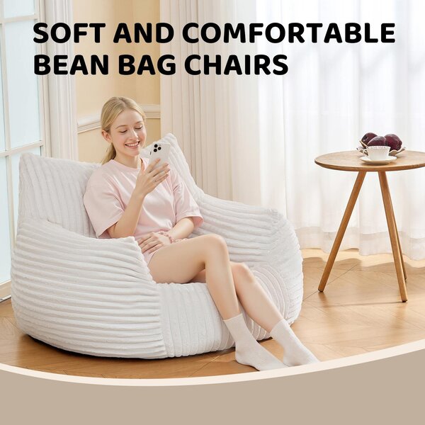Ultra-Soft Fur Bean Bag Chair with High-Density Shredded Foam, Ergonomic Sofa with Skin-Friendly Lint-Free Fur, 117L x 98W x 75H cm, White Aosom UK