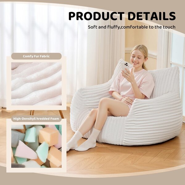 Ultra-Soft Fur Bean Bag Chair with High-Density Shredded Foam, Ergonomic Sofa with Skin-Friendly Lint-Free Fur, 117L x 98W x 75H cm, White Aosom UK