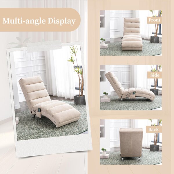 Modern Chaise Longue with Side Storage Pocket and Fixed 140° Backrest, Linen Deck Chair for Living Room, 148L x 55W x 87H cm, Beige Aosom UK