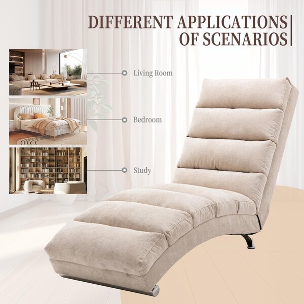 Modern Chaise Longue with Side Storage Pocket and Fixed 140° Backrest, Linen Deck Chair for Living Room, 148L x 55W x 87H cm, Beige Aosom UK