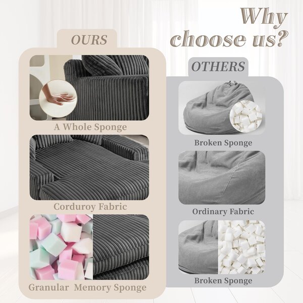 Oversized Chaise Longue Sofa with 3 Throw Cushions and Wide Armrests, Chair with Shredded Memory Foam Seat, 155L x 125W x 63H cm, Dark Gray Aosom UK