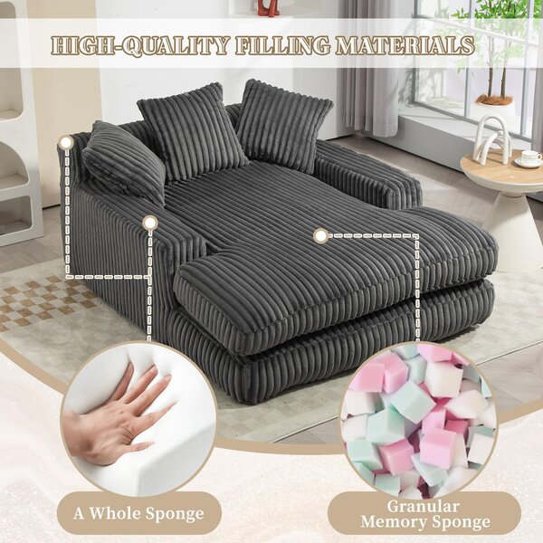 Oversized Chaise Longue Sofa with 3 Throw Cushions and Wide Armrests, Chair with Shredded Memory Foam Seat, 155L x 125W x 63H cm, Dark Gray Aosom UK