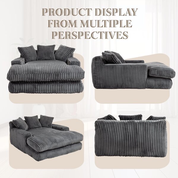 Oversized Chaise Longue Sofa with 3 Throw Cushions and Wide Armrests, Chair with Shredded Memory Foam Seat, 155L x 125W x 63H cm, Dark Gray Aosom UK