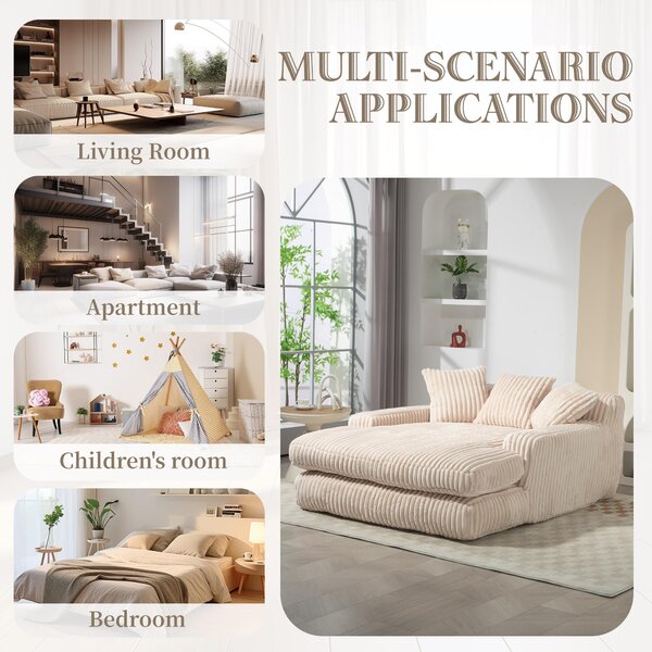 Oversized Chaise Longue Sofa with 3 Throw Cushions and Wide Armrests, Chair with Shredded Memory Foam Seat, 155L x 125W x 63H cm, Beige Aosom UK