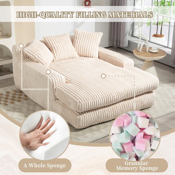Oversized Chaise Longue Sofa with 3 Throw Cushions and Wide Armrests, Chair with Shredded Memory Foam Seat, 155L x 125W x 63H cm, Beige Aosom UK