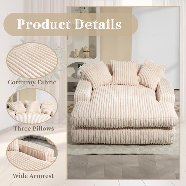 Oversized Chaise Longue Sofa with 3 Throw Cushions and Wide Armrests, Chair with Shredded Memory Foam Seat, 155L x 125W x 63H cm, Beige Aosom UK