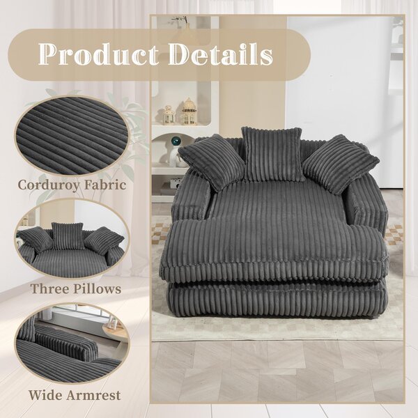 Oversized Chaise Longue Sofa with 3 Throw Cushions and Wide Armrests, Chair with Shredded Memory Foam Seat, 155L x 125W x 63H cm, Dark Gray Aosom UK