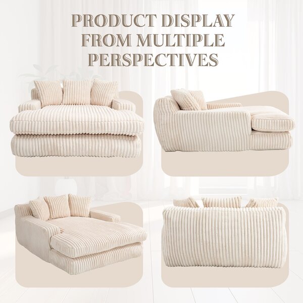 Oversized Chaise Longue Sofa with 3 Throw Cushions and Wide Armrests, Chair with Shredded Memory Foam Seat, 155L x 125W x 63H cm, Beige Aosom UK