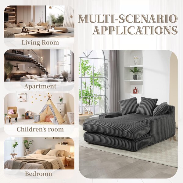Oversized Chaise Longue Sofa with 3 Throw Cushions and Wide Armrests, Chair with Shredded Memory Foam Seat, 155L x 125W x 63H cm, Dark Gray Aosom UK