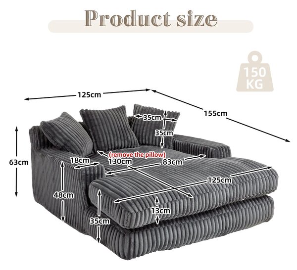 Oversized Chaise Longue Sofa with 3 Throw Cushions and Wide Armrests, Chair with Shredded Memory Foam Seat, 155L x 125W x 63H cm, Dark Gray Aosom UK