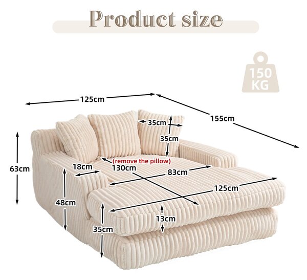 Oversized Chaise Longue Sofa with 3 Throw Cushions and Wide Armrests, Chair with Shredded Memory Foam Seat, 155L x 125W x 63H cm, Beige Aosom UK
