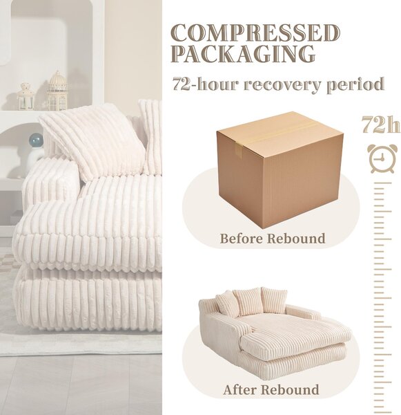 Oversized Chaise Longue Sofa with 3 Throw Cushions and Wide Armrests, Chair with Shredded Memory Foam Seat, 155L x 125W x 63H cm, Beige Aosom UK